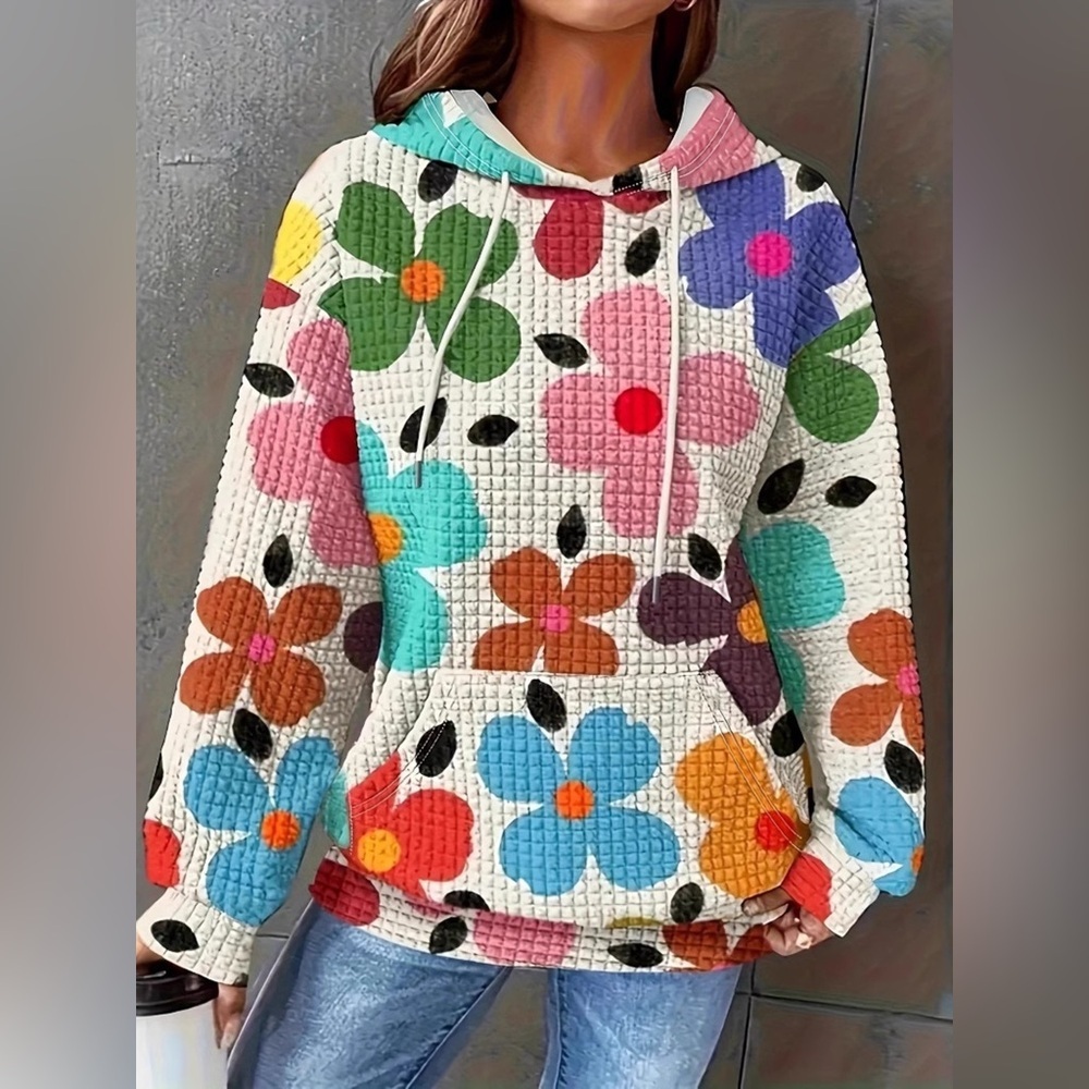 Floral Print Textured Drawstring Hoodie - Picture 7 of 11